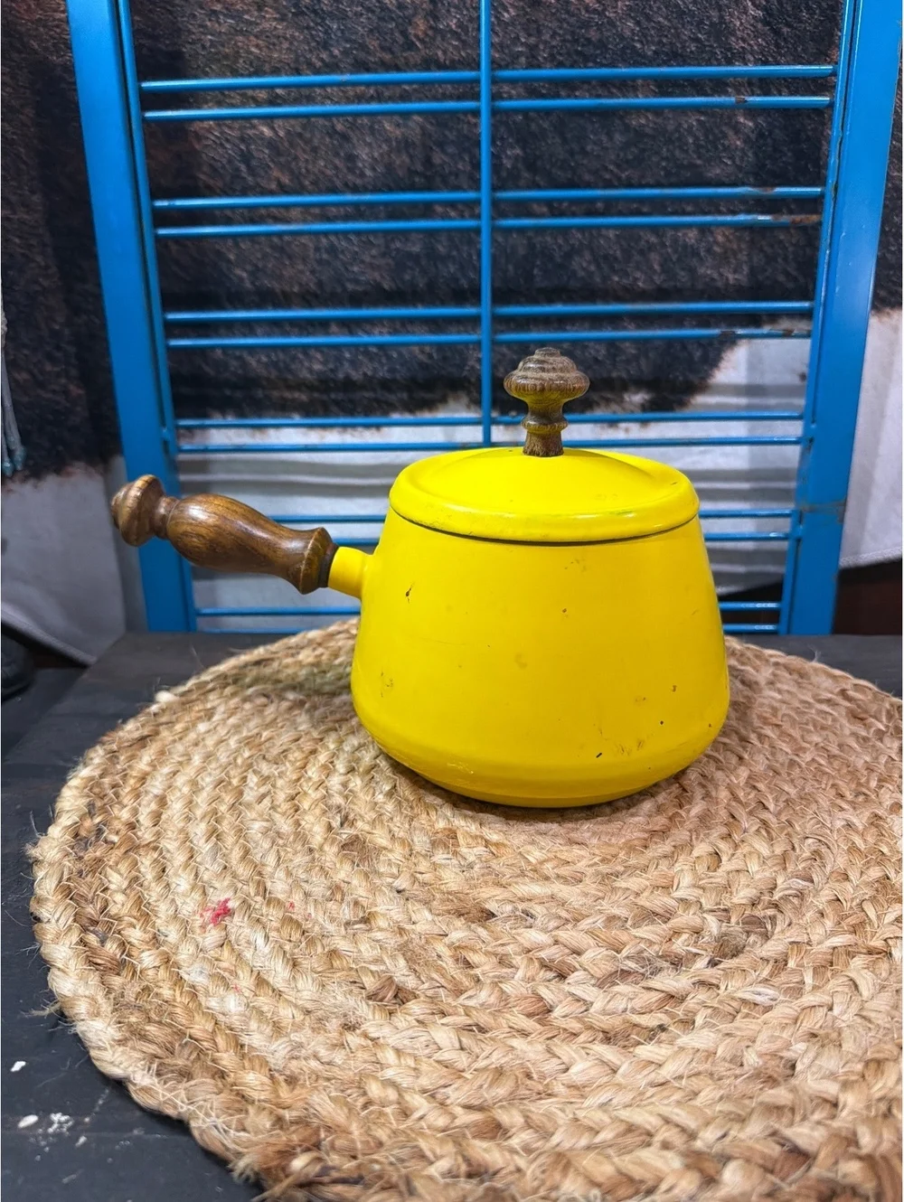 Vintage Yellow Enamel Saucepan with Wooden Handle